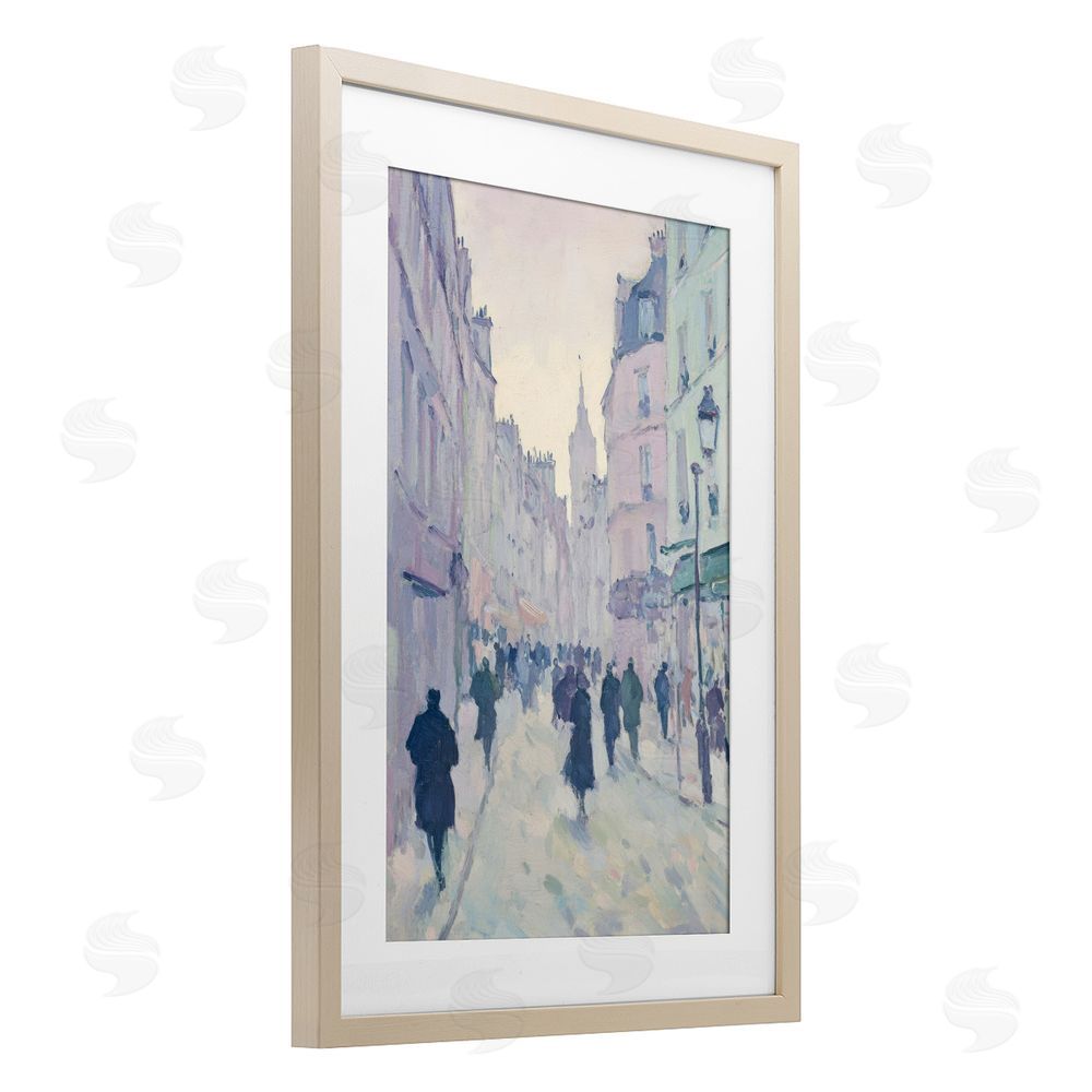 Petal Prints Design Blue Paris Street Scene Birch Framed Print Under Glass with White Mat Wall Art
