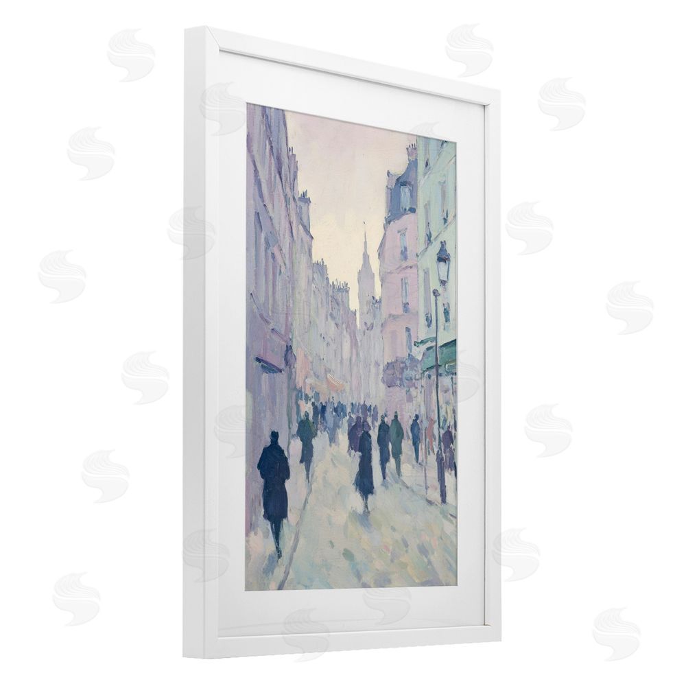 Petal Prints Design Blue Paris Street Scene White Framed Print Under Glass with Mat Wall Art
