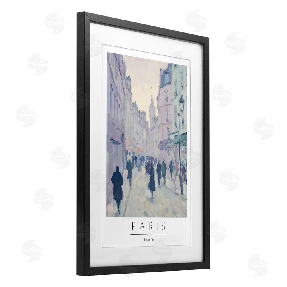 Petal Prints Design Vintage Blue Paris Streets Black Framed Print Under Glass with White Mat Wall Art