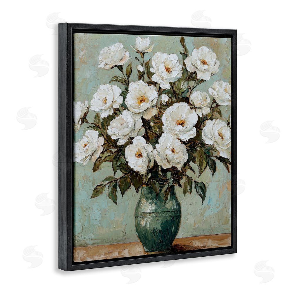 Petal Prints Design Traditional White Floral Arrangement Black Floating Frame Canvas Wall Art Print