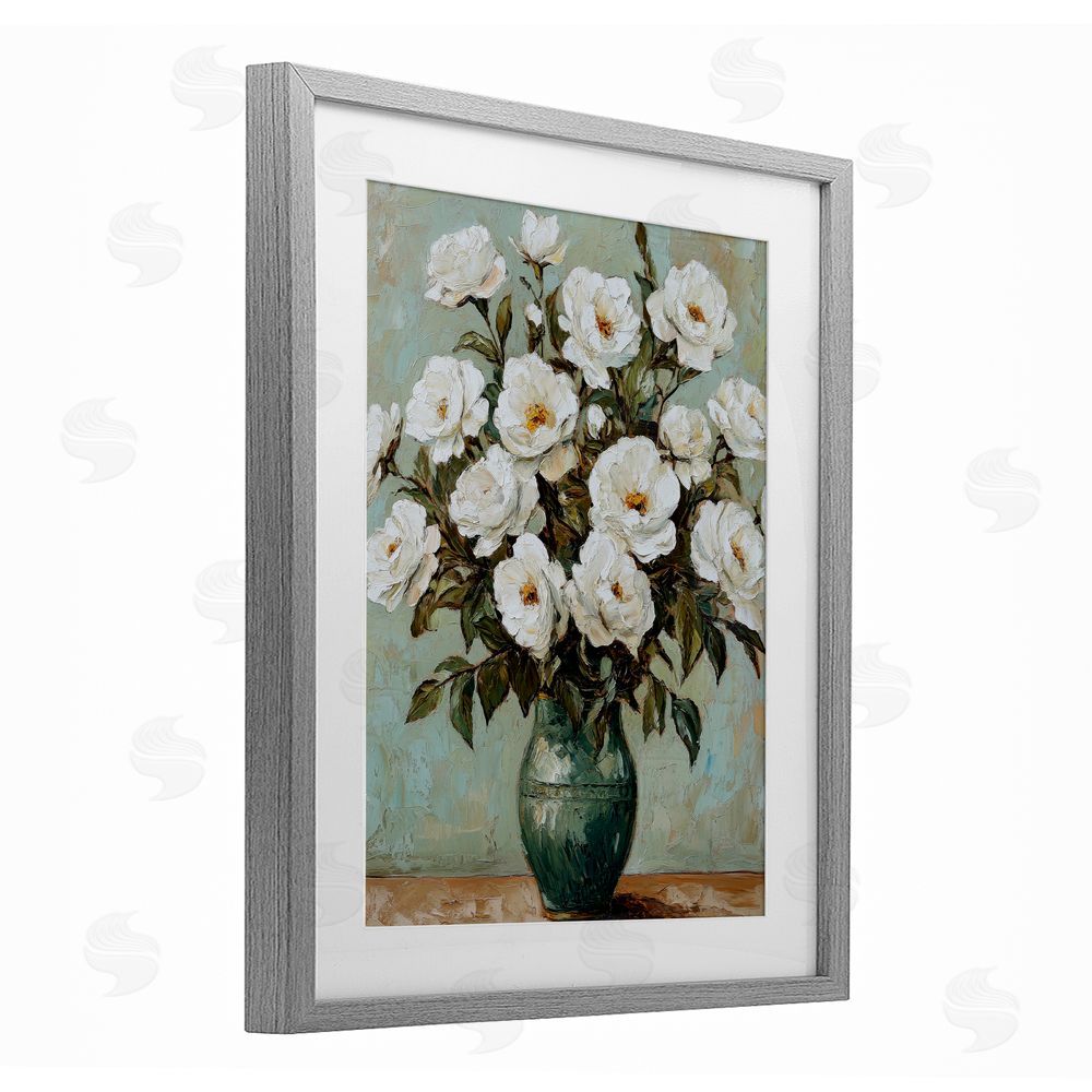 Petal Prints Design Traditional White Floral Arrangement Gray Framed Print Under Glass with White Mat Wall Art