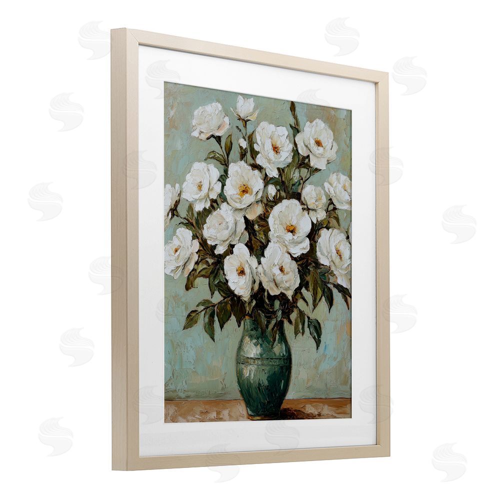Petal Prints Design Traditional White Floral Arrangement Birch Framed Print Under Glass with White Mat Wall Art