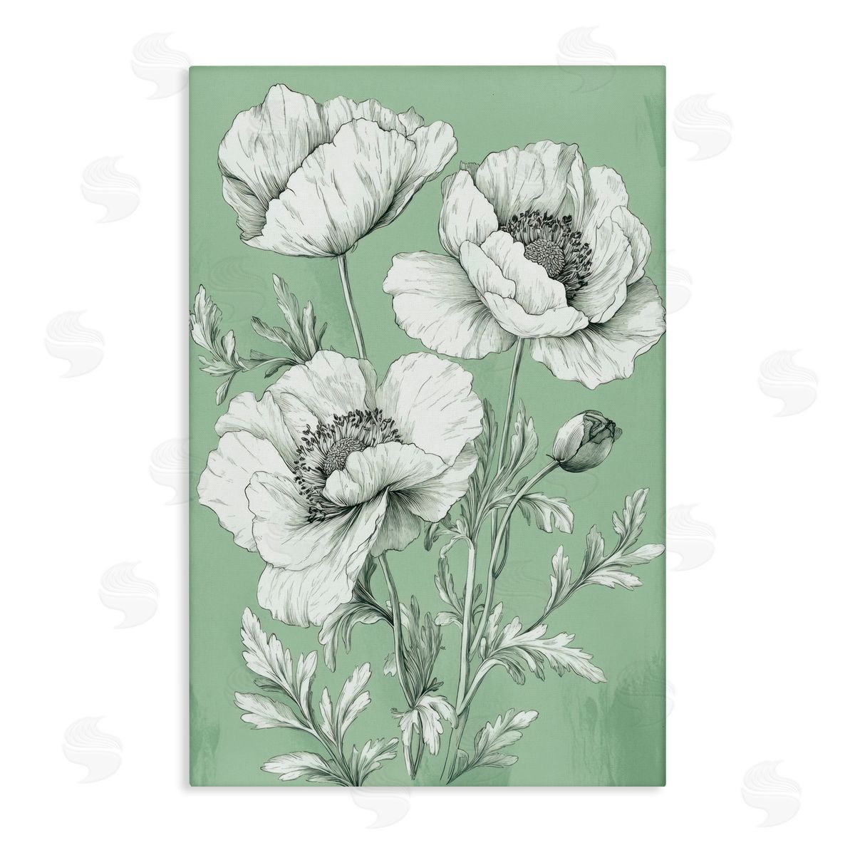 Petal Prints Design Classic Green Poppy Floral Canvas Wall Art Print