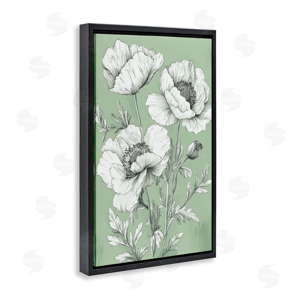 Petal Prints Design Classic Green Poppy Floral Black Floating Frame Canvas Wall Art Print