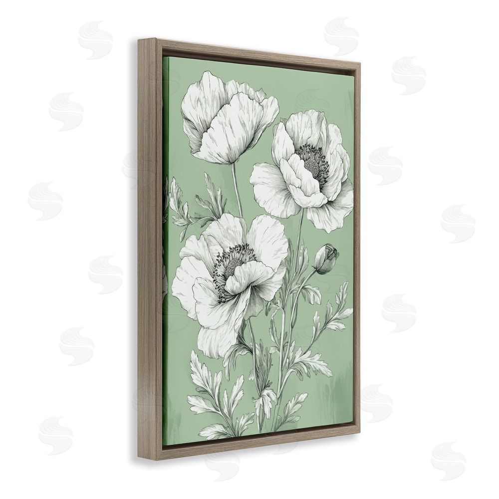 Petal Prints Design Classic Green Poppy Floral Brown Floating Frame Canvas Wall Art Print
