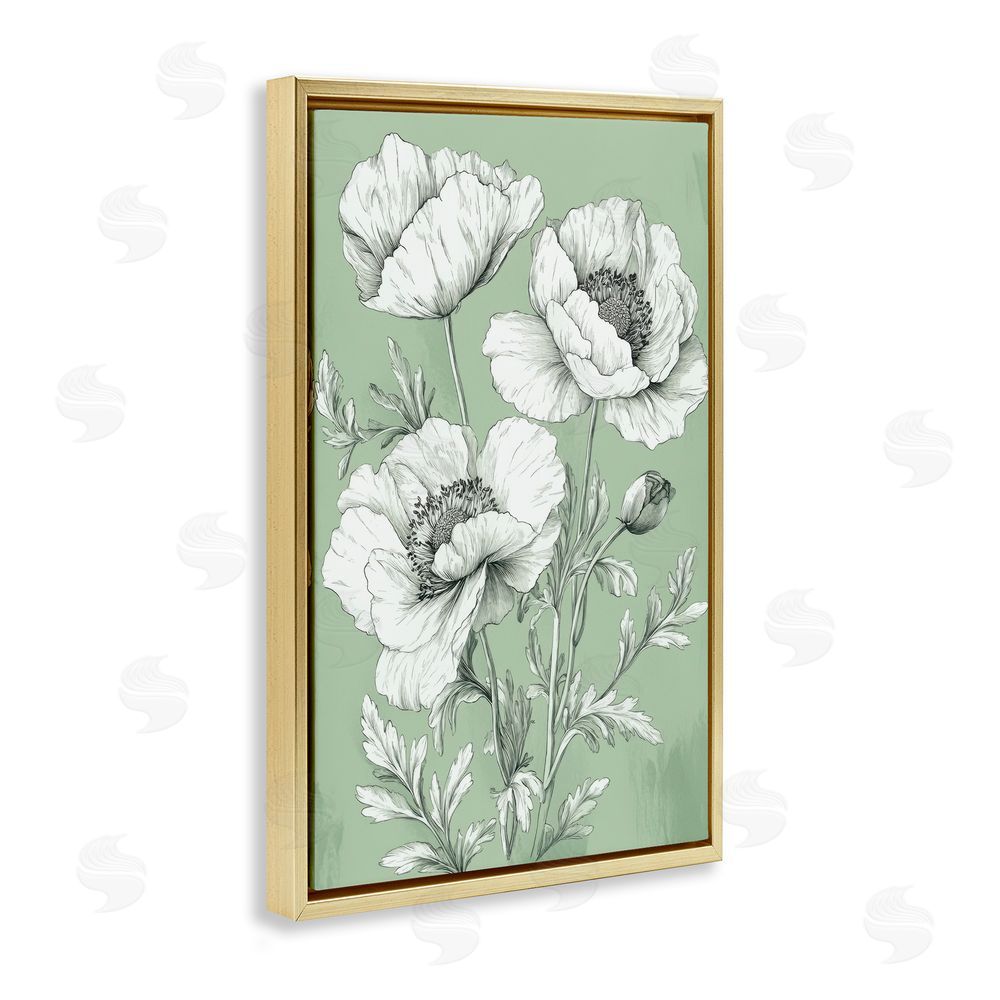 Petal Prints Design Classic Green Poppy Floral Gold Floating Frame Canvas Wall Art Print