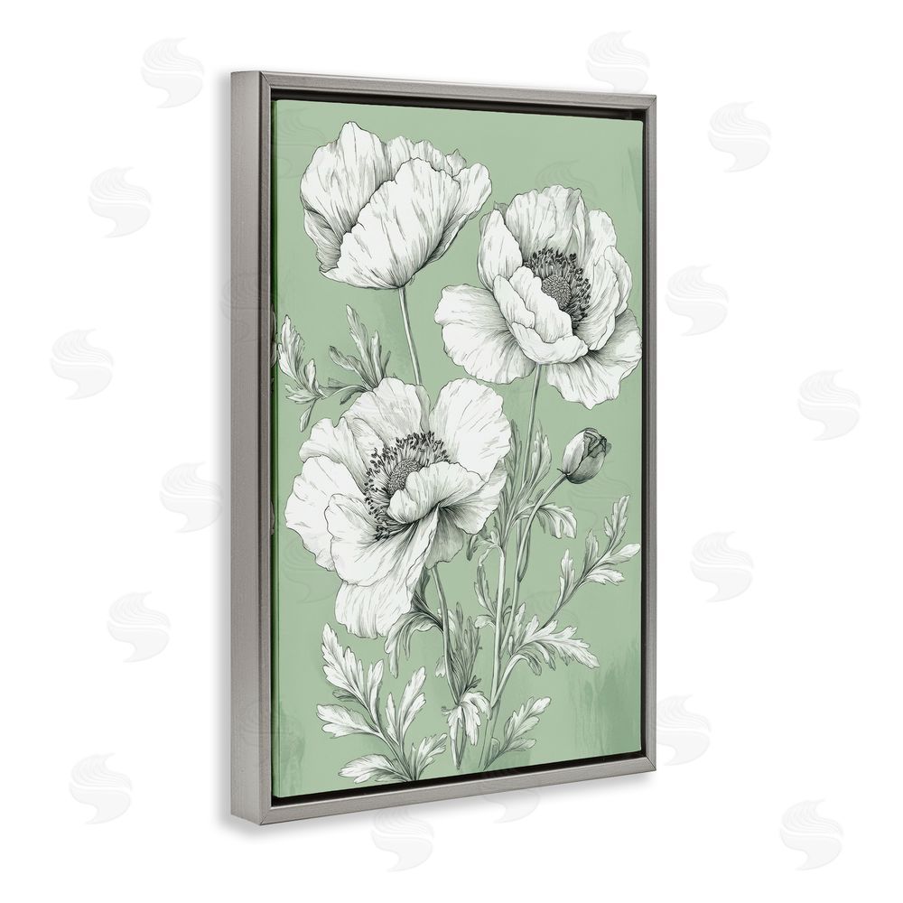 Petal Prints Design Classic Green Poppy Floral Gray Floating Frame Canvas Wall Art Print
