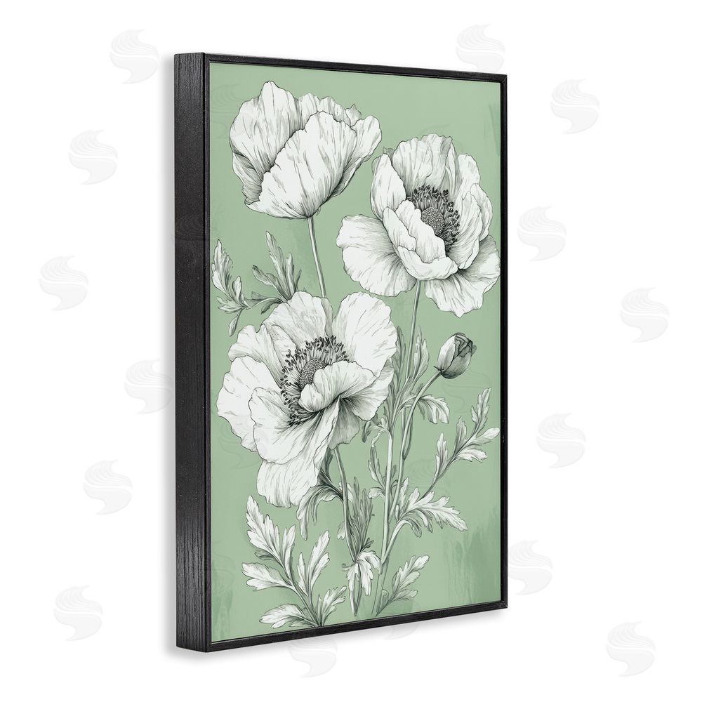 Petal Prints Design Classic Green Poppy Floral Black Framed Giclee Wall Art Print