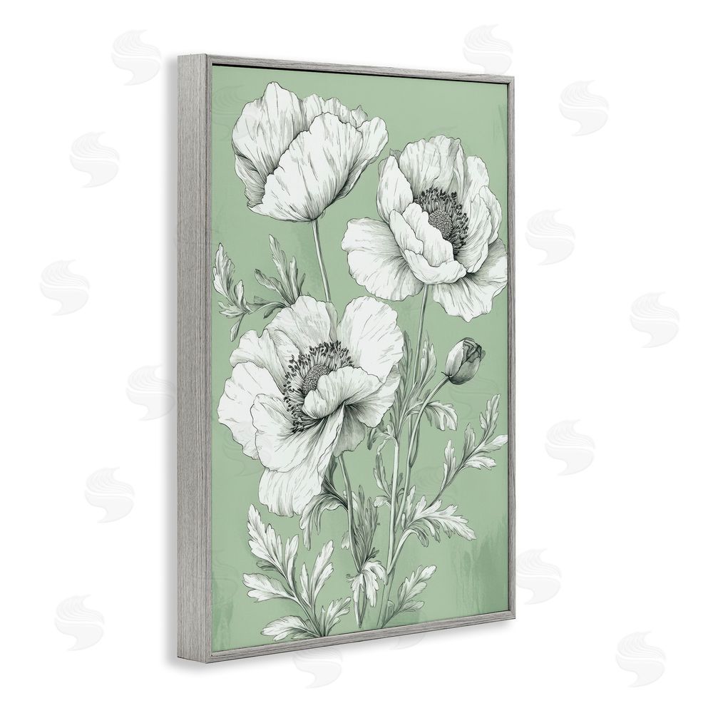 Petal Prints Design Classic Green Poppy Floral Gray Framed Giclee Wall Art Print