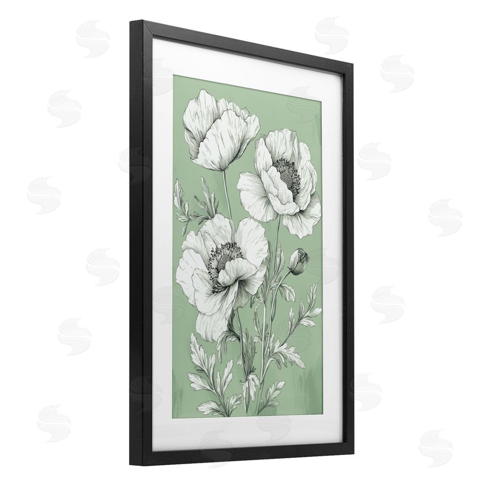 Petal Prints Design Classic Green Poppy Floral Black Framed Print Under Glass with White Mat Wall Art