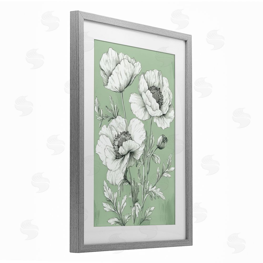 Petal Prints Design Classic Green Poppy Floral Gray Framed Print Under Glass with White Mat Wall Art