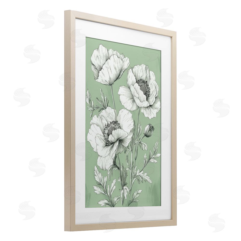 Petal Prints Design Classic Green Poppy Floral Birch Framed Print Under Glass with White Mat Wall Art