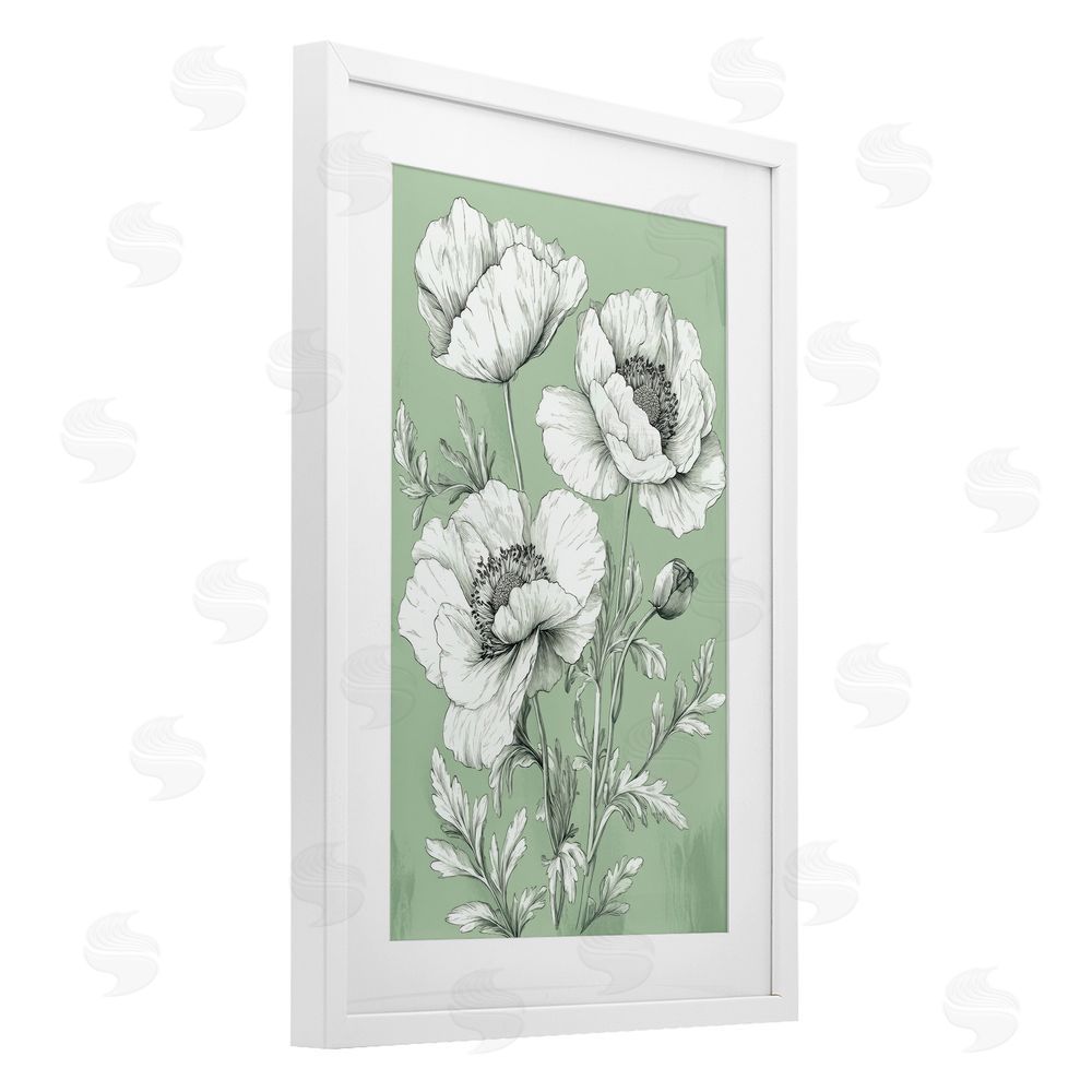 Petal Prints Design Classic Green Poppy Floral White Framed Print Under Glass with Mat Wall Art