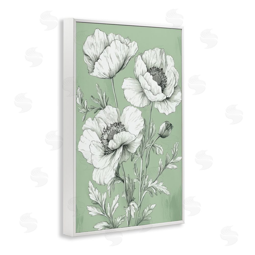 Petal Prints Design Classic Green Poppy Floral White Framed Giclee Wall Art Print