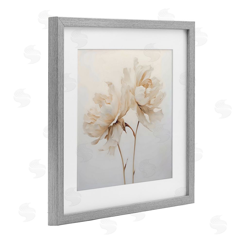 Creative Studio Soft Blooming White Peonies Gray Framed Print Under Glass with White Mat Wall Art