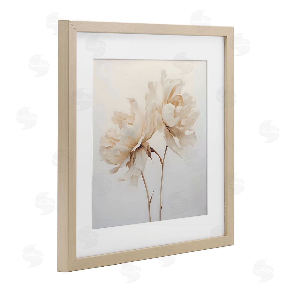 Creative Studio Soft Blooming White Peonies Birch Framed Print Under Glass with White Mat Wall Art