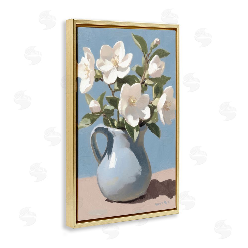 Gina Kelly Ivory Arrangement in Blue Jug Gold Floating Frame Canvas Wall Art Print