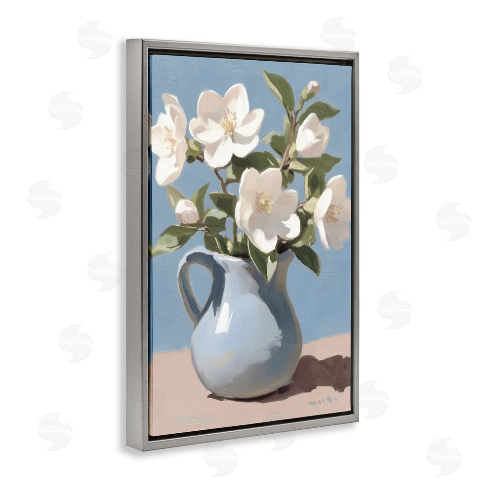Gina Kelly Ivory Arrangement in Blue Jug Gray Floating Frame Canvas Wall Art Print