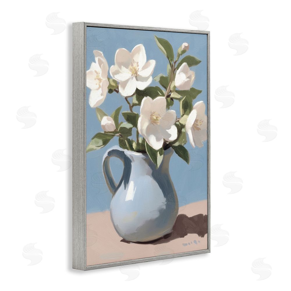 Gina Kelly Ivory Arrangement in Blue Jug Gray Framed Giclee Wall Art Print
