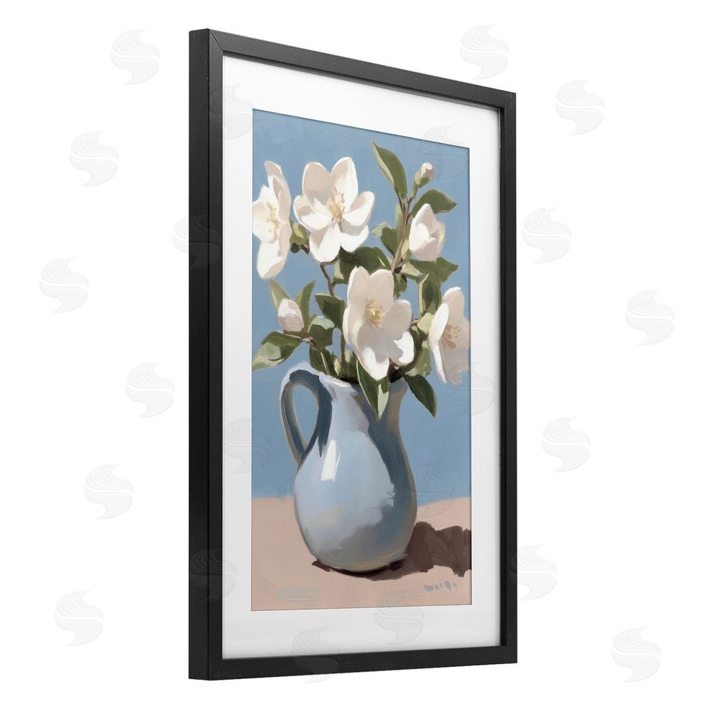 Gina Kelly Ivory Arrangement in Blue Jug Black Framed Print Under Glass with White Mat Wall Art