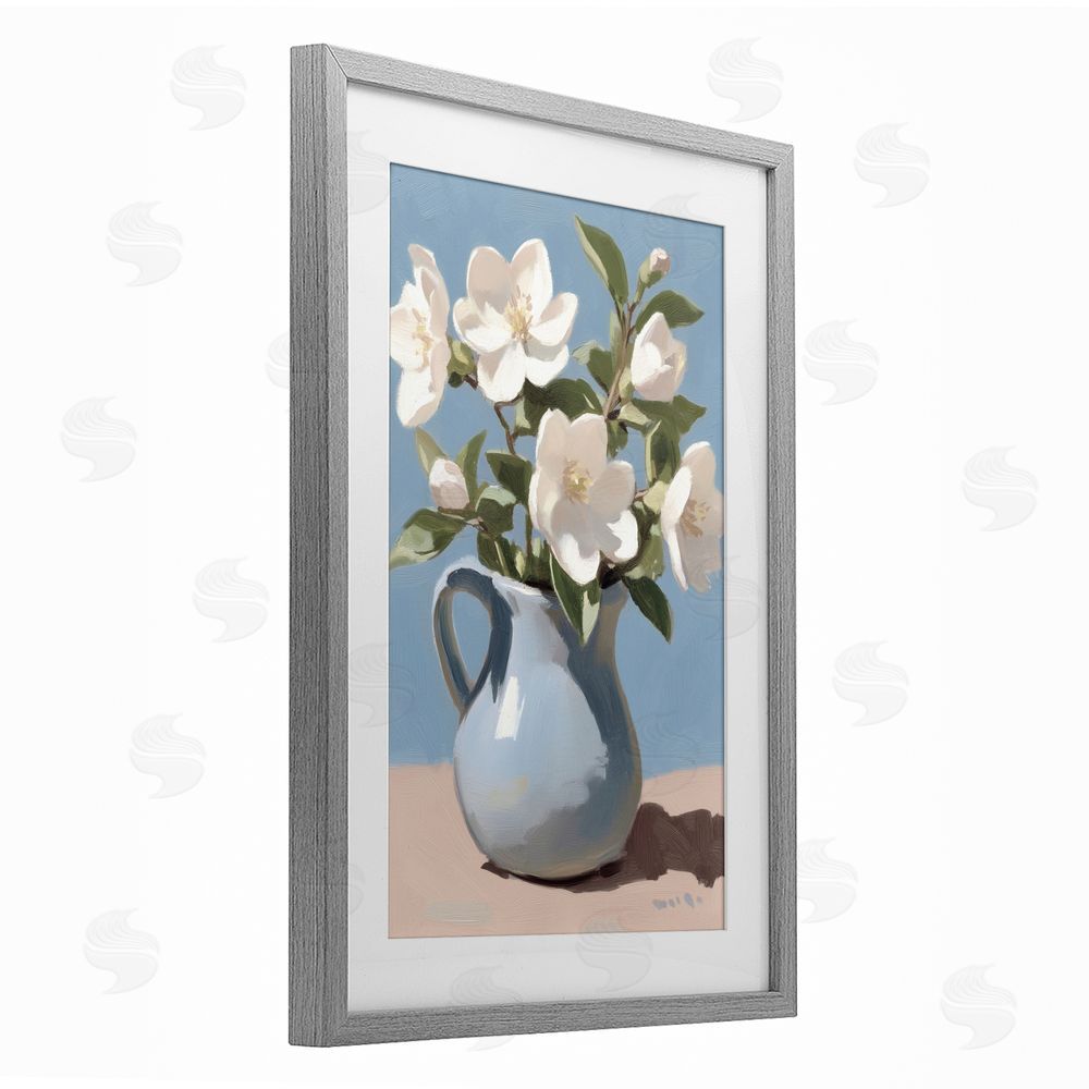 Gina Kelly Ivory Arrangement in Blue Jug Gray Framed Print Under Glass with White Mat Wall Art