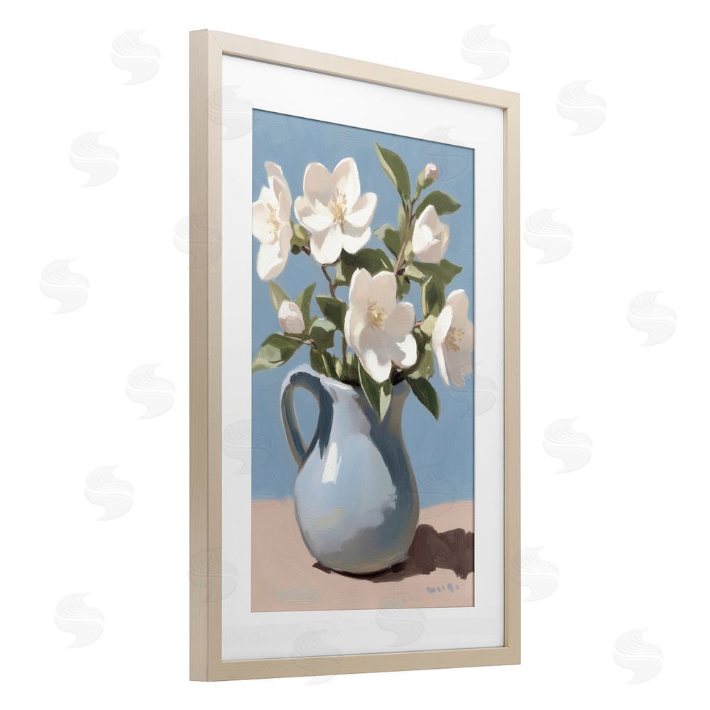 Gina Kelly Ivory Arrangement in Blue Jug Birch Framed Print Under Glass with White Mat Wall Art