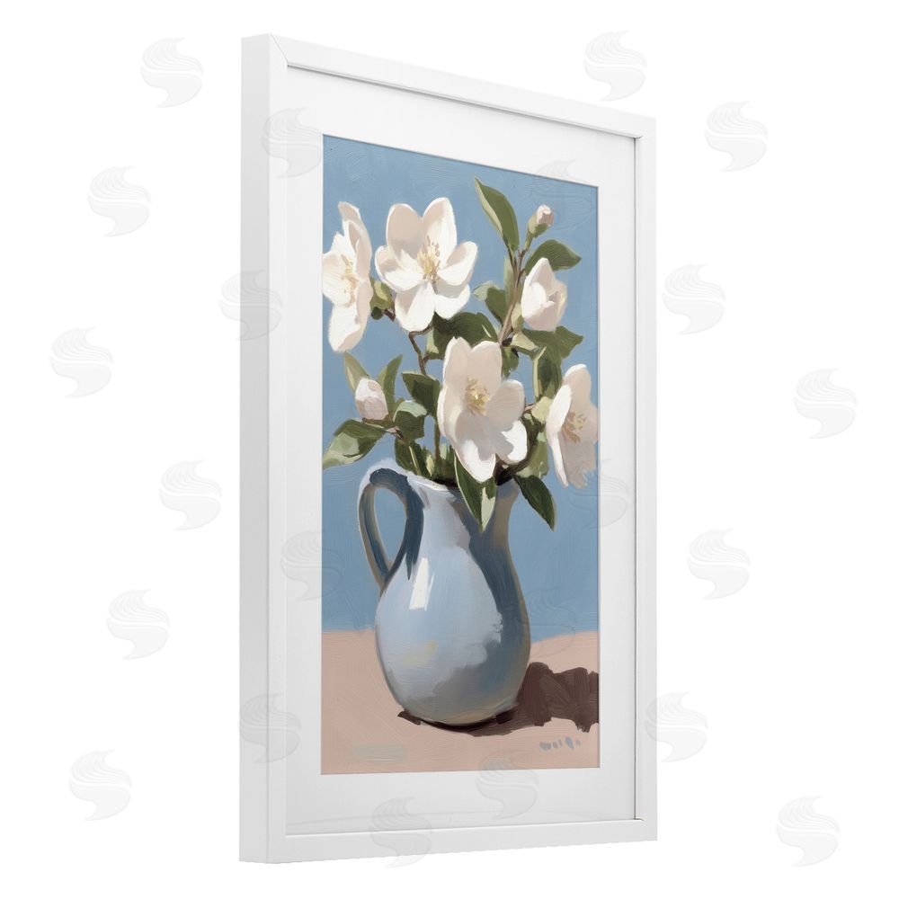 Gina Kelly Ivory Arrangement in Blue Jug White Framed Print Under Glass with Mat Wall Art