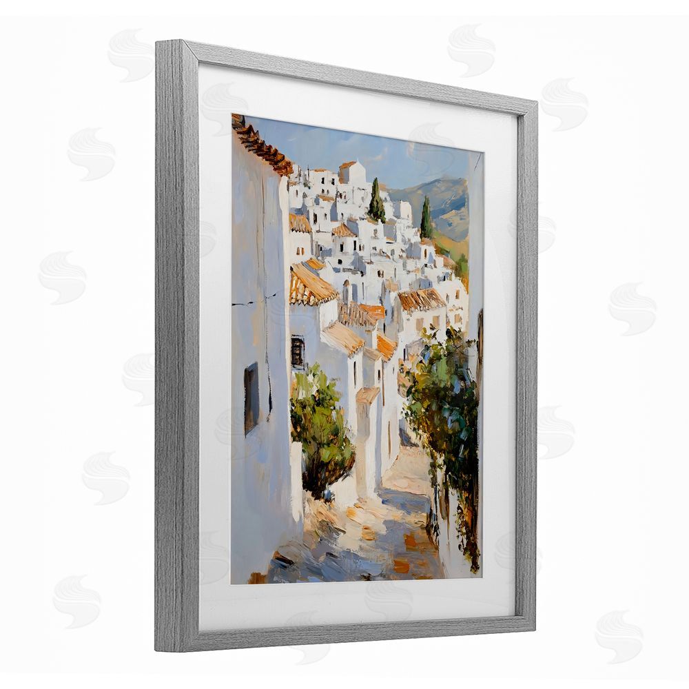 Franklyn Gregory Charming European Town Gray Framed Print Under Glass with White Mat Wall Art