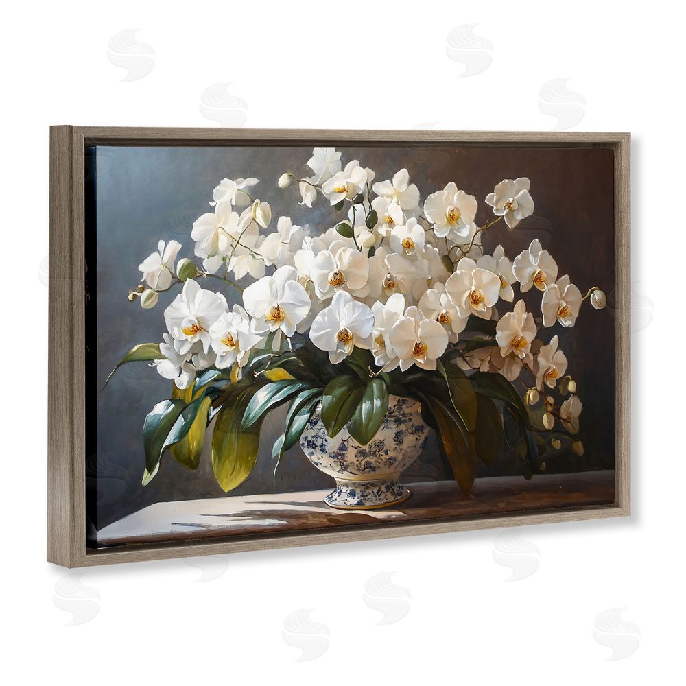 Franklyn Gregory Elegant Orchid Arrangement Brown Floating Frame Canvas Wall Art Print