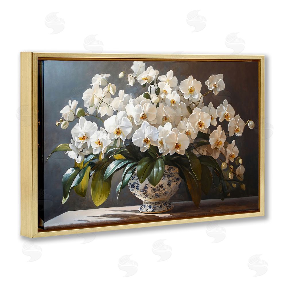 Franklyn Gregory Elegant Orchid Arrangement Gold Floating Frame Canvas Wall Art Print