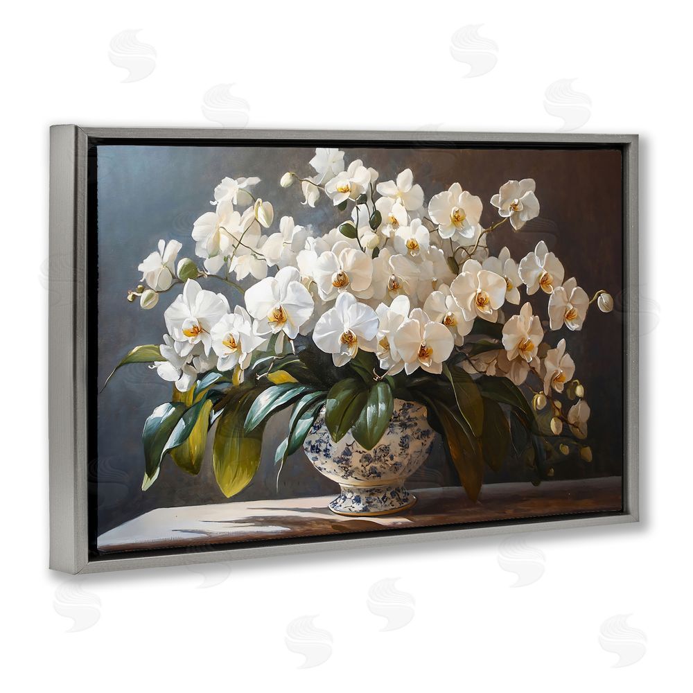 Franklyn Gregory Elegant Orchid Arrangement Gray Floating Frame Canvas Wall Art Print