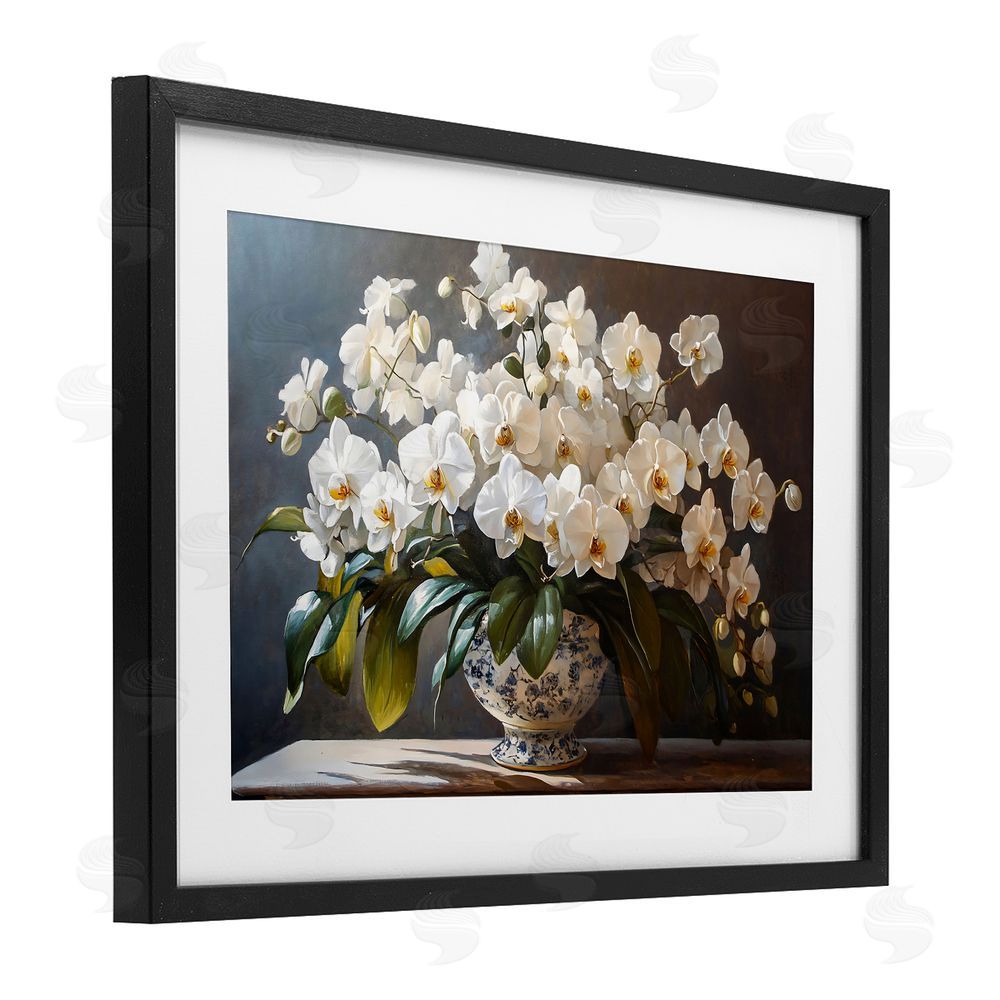 Franklyn Gregory Elegant Orchid Arrangement Black Framed Print Under Glass with White Mat Wall Art