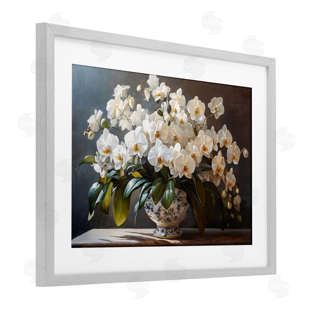 Franklyn Gregory Elegant Orchid Arrangement Gray Framed Print Under Glass with White Mat Wall Art
