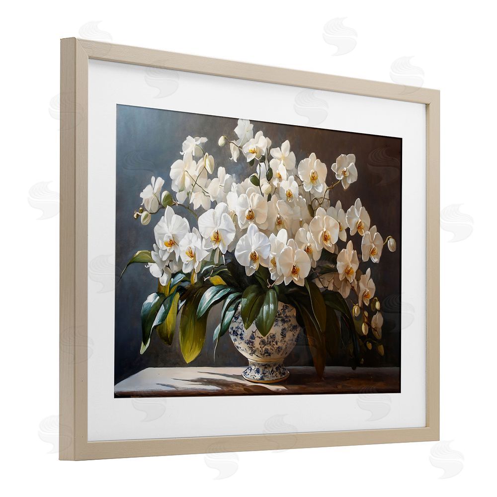 Franklyn Gregory Elegant Orchid Arrangement Birch Framed Print Under Glass with White Mat Wall Art