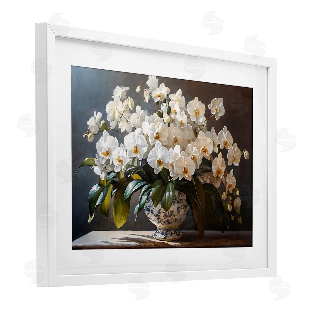 Franklyn Gregory Elegant Orchid Arrangement White Framed Print Under Glass with Mat Wall Art