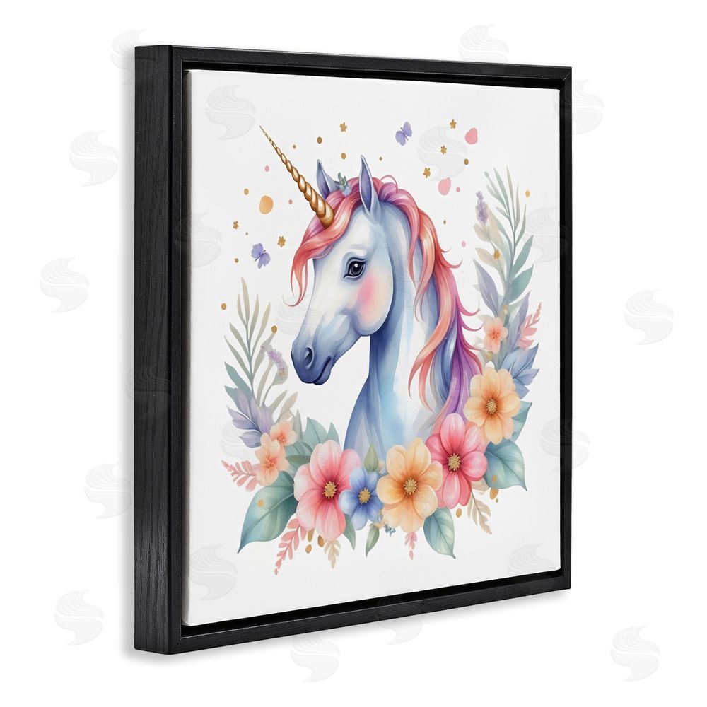 Creative Studio Colorful Unicorn with Flowers Black Floating Frame Canvas Wall Art Print