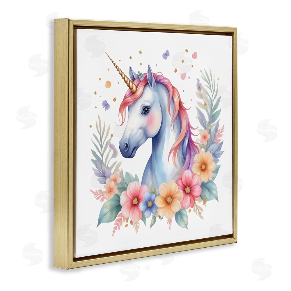 Creative Studio Colorful Unicorn with Flowers Gold Floating Frame Canvas Wall Art Print