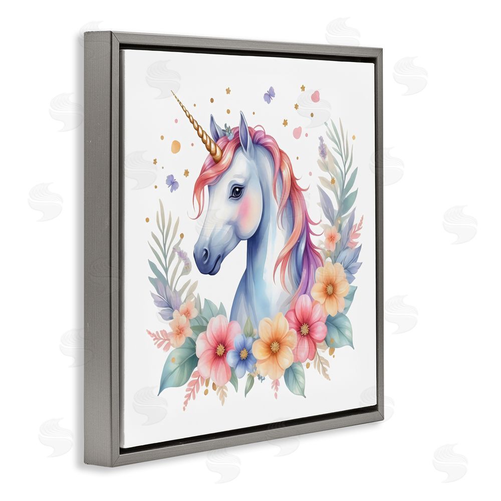 Creative Studio Colorful Unicorn with Flowers Gray Floating Frame Canvas Wall Art Print