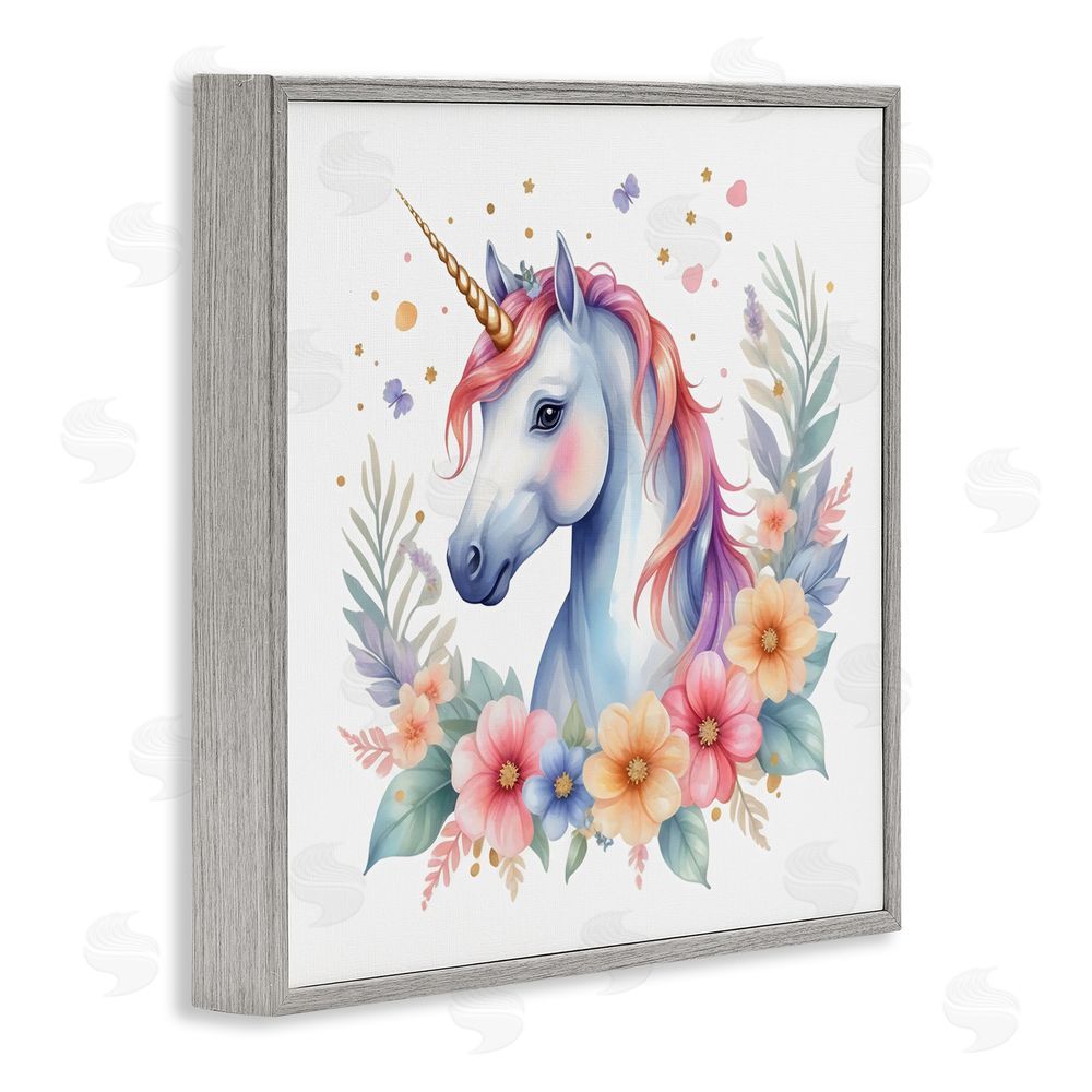 Creative Studio Colorful Unicorn with Flowers Gray Framed Giclee Wall Art Print