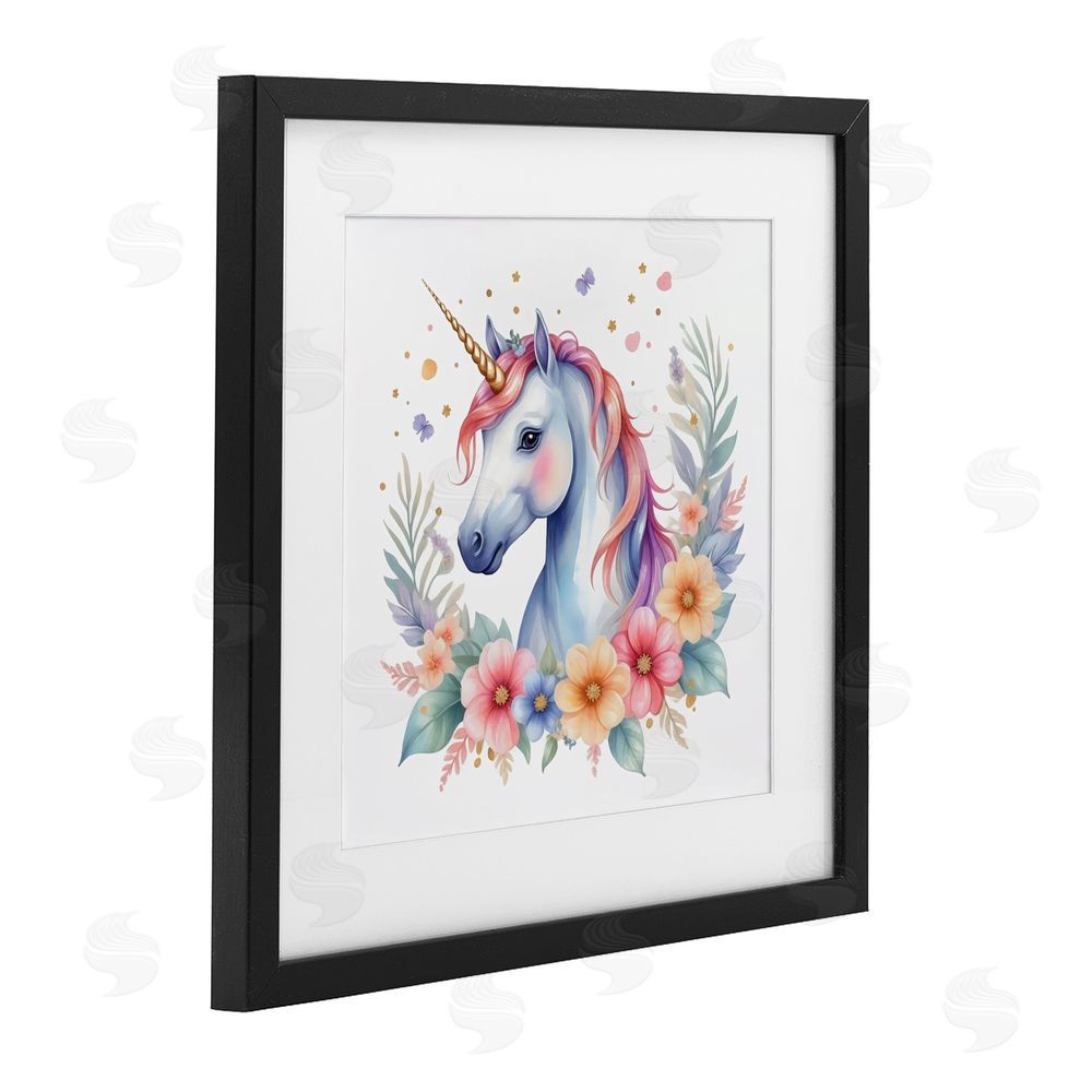 Creative Studio Colorful Unicorn with Flowers Black Framed Print Under Glass with White Mat Wall Art