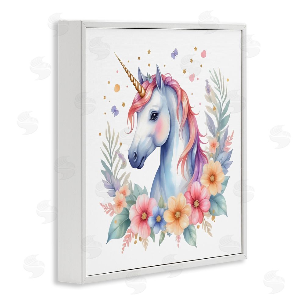 Creative Studio Colorful Unicorn with Flowers White Framed Giclee Wall Art Print