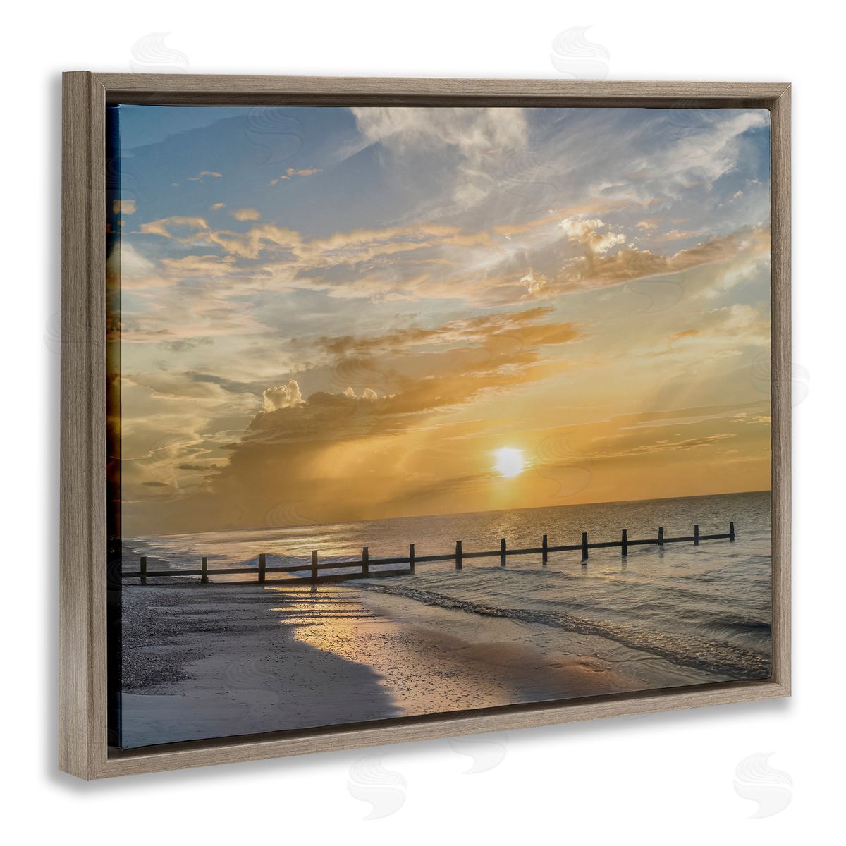Mike Calascibetta Sunset Pier Photograph Brown Floating Frame Canvas Art Print