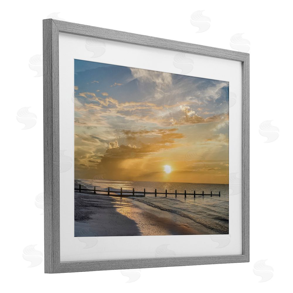 Mike Calascibetta Sunset Pier Photograph Gray Framed Print Under Glass Art