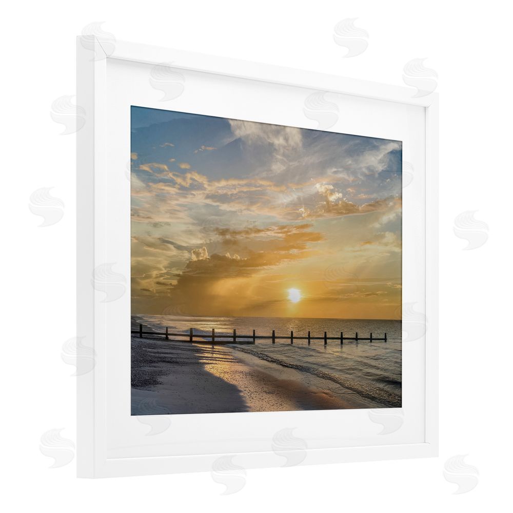 Mike Calascibetta Sunset Pier Photograph White Framed Print Under Glass Art