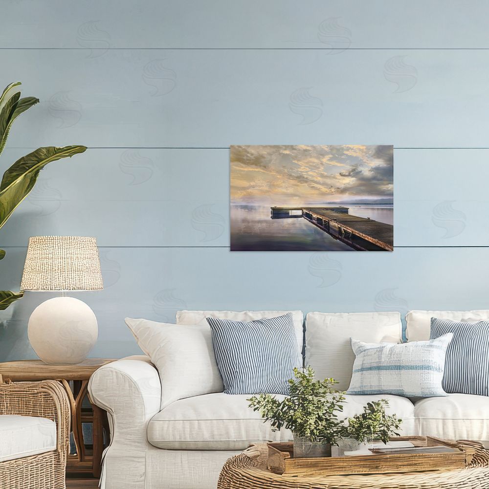 Mike Calascibetta Lazy Morning Lake Dock Printed Wall Art in Room