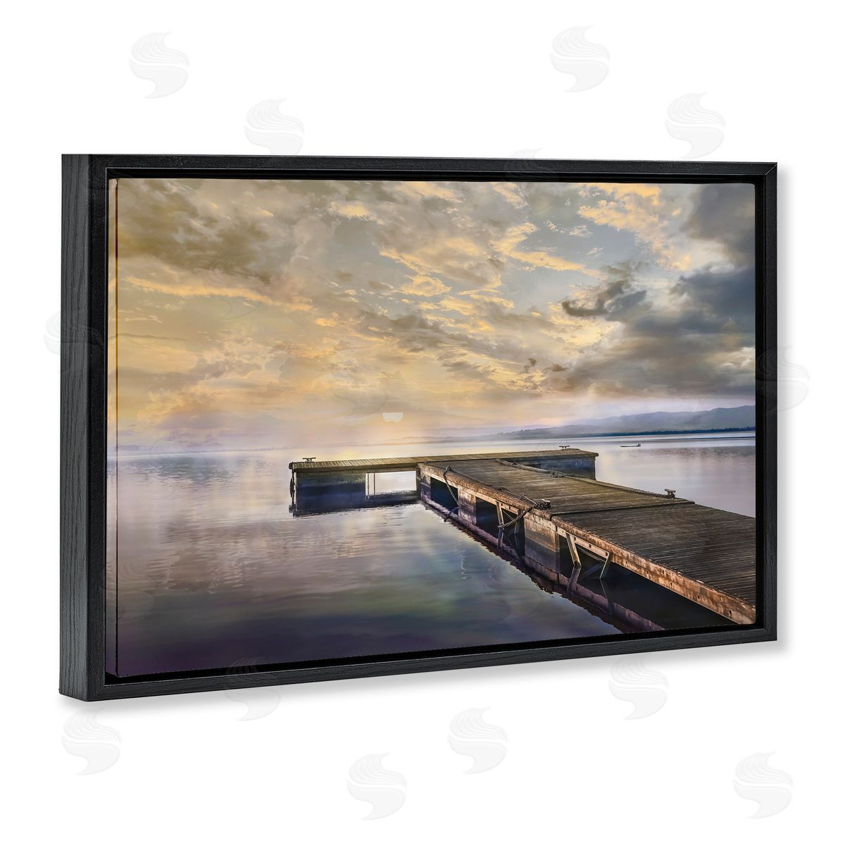 Mike Calascibetta Lazy Morning Lake Dock Black Floating Frame Canvas Wall Art Print