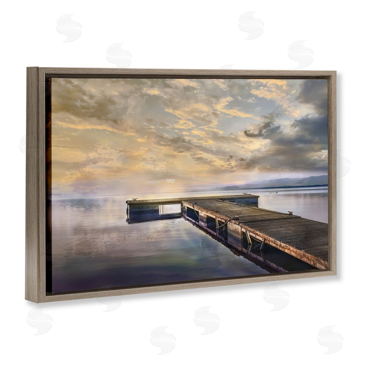 Mike Calascibetta Lazy Morning Lake Dock Brown Floating Frame Canvas Art Print