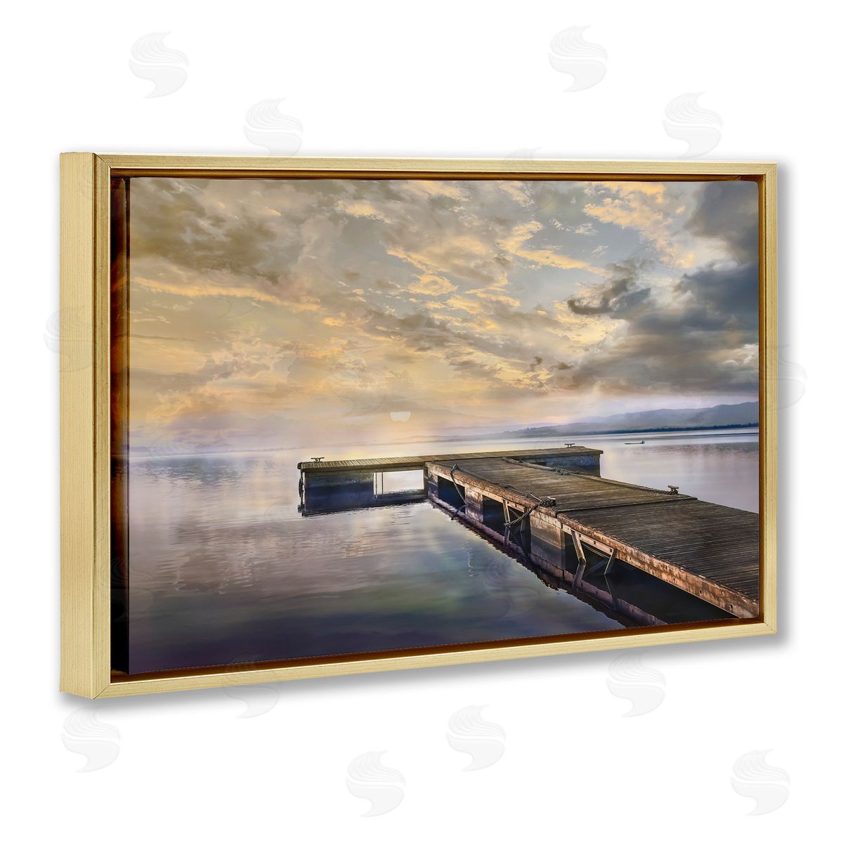 Mike Calascibetta Lazy Morning Lake Dock Gold Floating Frame Canvas Art Print