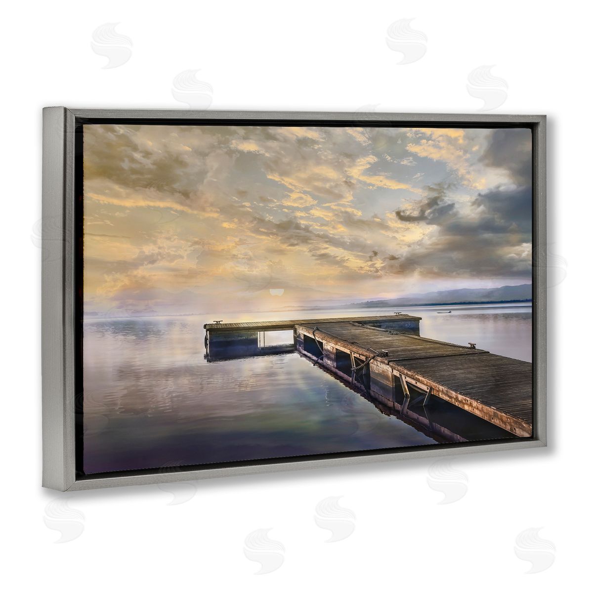 Mike Calascibetta Lazy Morning Lake Dock Gray Floating Frame Canvas Art Print
