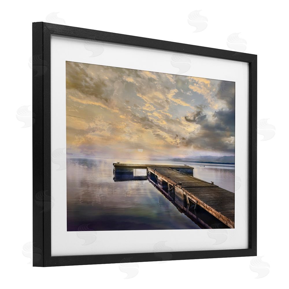 Mike Calascibetta Lazy Morning Lake Dock Black Framed Print Under Glass Art